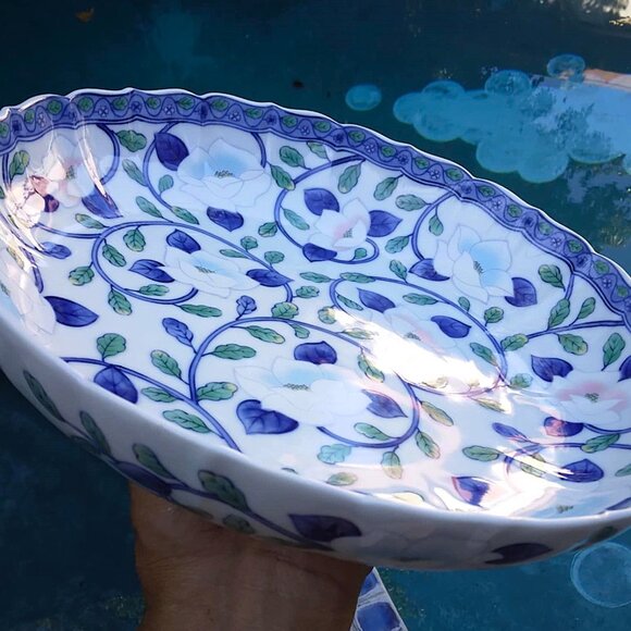 Vintage Maebata Gokusai Hand Painted Blue Lotus Flower Porcelain Bowl from Japan - Picture 5 of 10